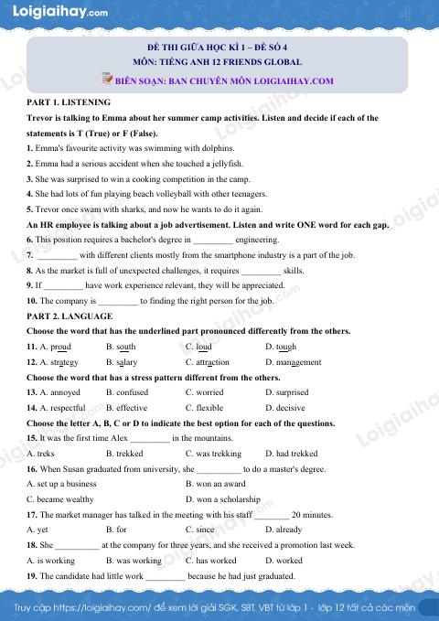 Đề thi giữa kì 1 Tiếng Anh 12 Friends Global - Đề số 4